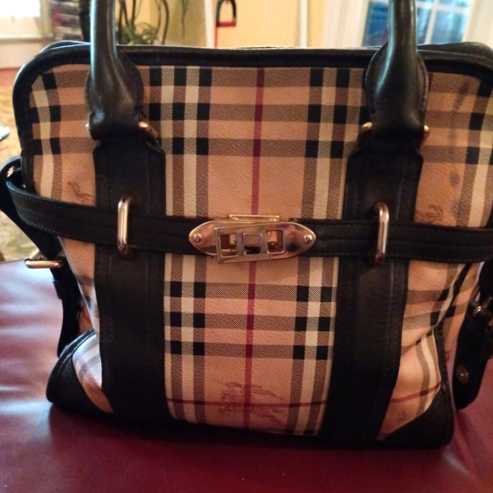 Burberry Plaid Designer Handbag with Dark Brown Accents
